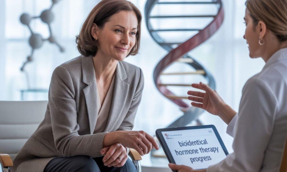 Female patient learning about personalized hormone therapy options for menopause treatment in Katy Texas