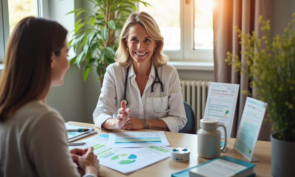 Women's health specialist explaining different hormone therapy options for menopause during a consultation