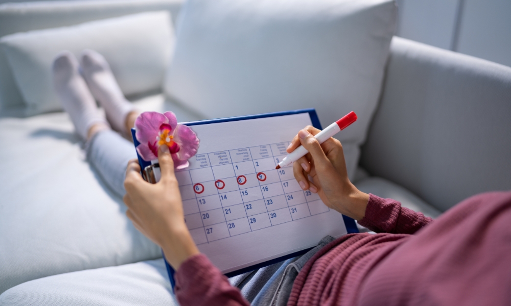 Woman reviewing a calendar showing changes in her menstrual cycle during perimenopause